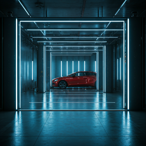 Clean futuristic brightly lit car service garage